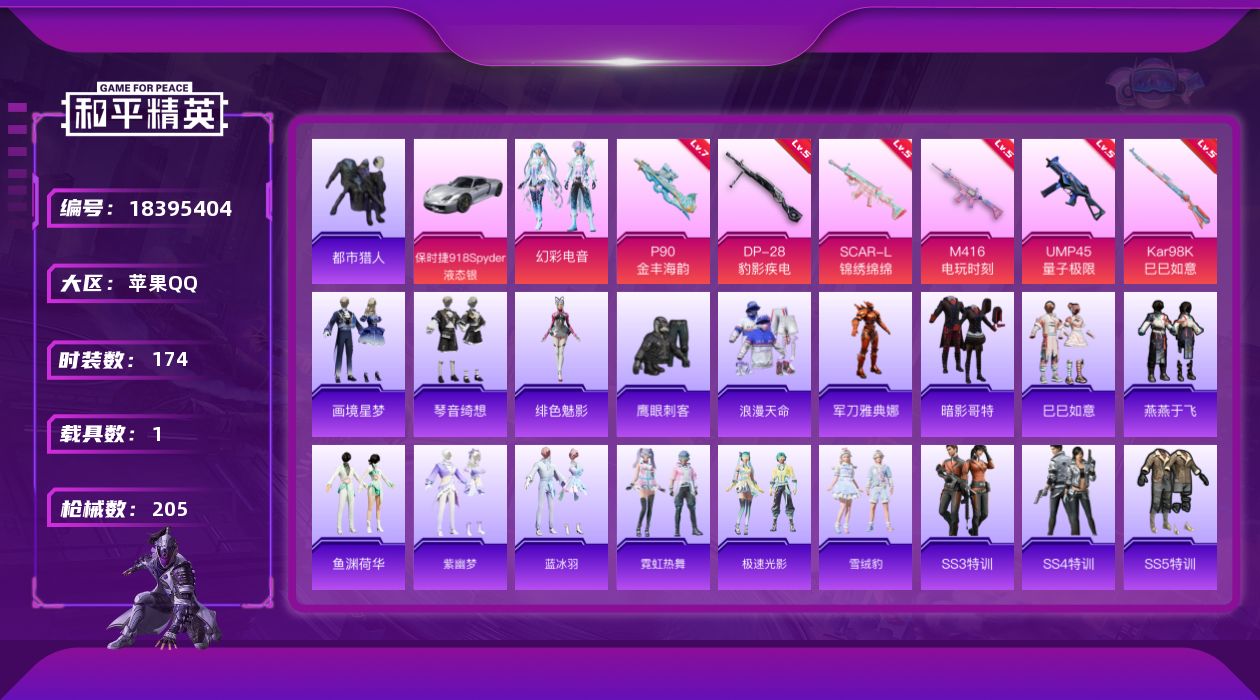 和平精英账号苹果QQ[18395404]苹果 手Q-无敌战神框-2粉装-7特效枪-1载具-0粉色飞行器-60673热力值-13王牌印记-174套装-205枪皮
【热门品类】：套装-浪漫天命，套装-都市猎人，角色-军刀雅典