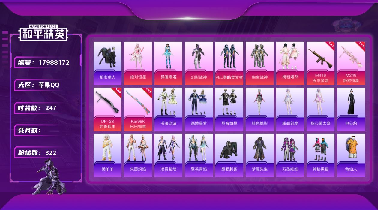 和平精英账号苹果QQ[17988172]苹果 手Q-无敌战神框-6粉装-7特效枪-0载具-3粉色飞行器-94979热力值-24王牌印记-247套装-322枪皮
【热门品类】：套装-都市猎人，套装-龟仙人
【粉色套装】：角