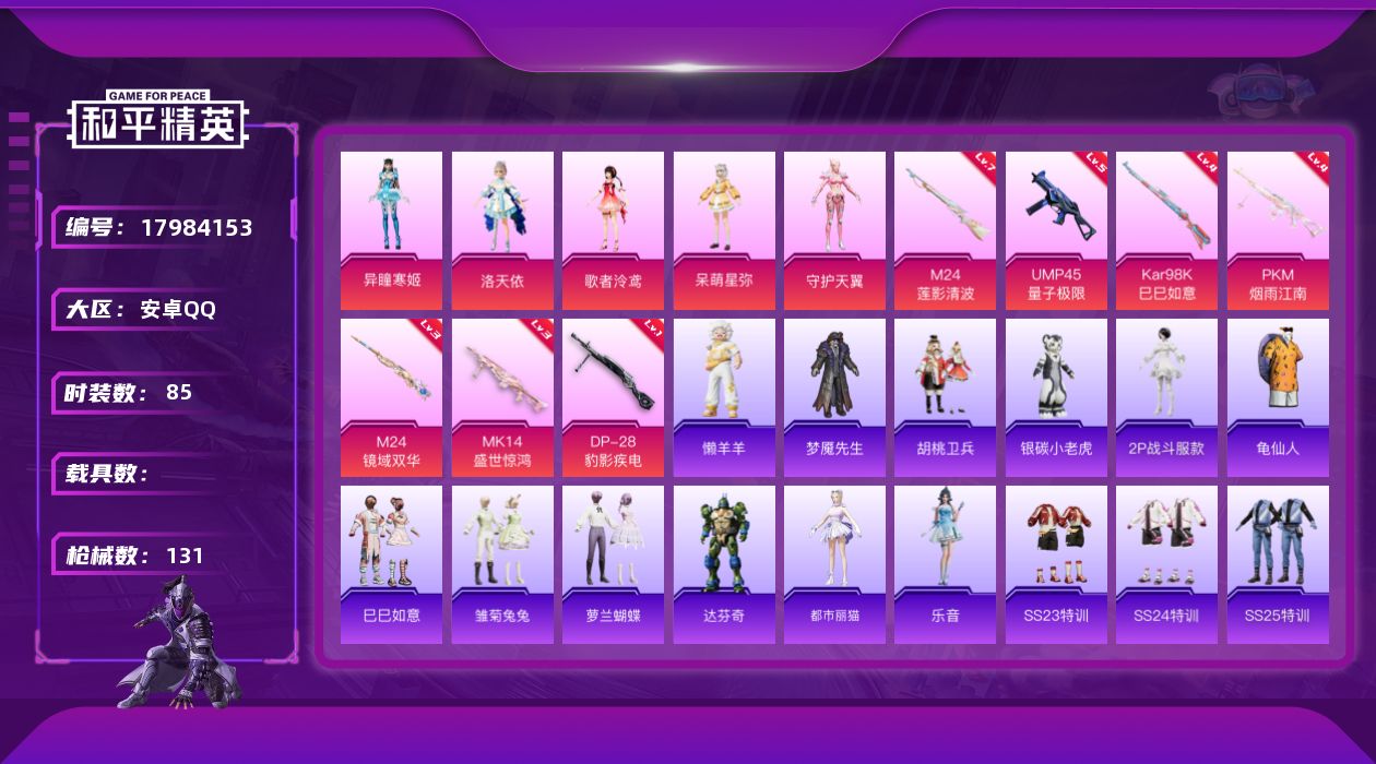 和平精英账号安卓QQ[17984153]安卓 手Q-5粉装-7特效枪-0载具-3粉色飞行器-43785热力值-4王牌印记-85套装-131枪皮
【热门品类】：角色-2P战斗服款，套装-龟仙人
【粉色套装】：角色-洛天依，