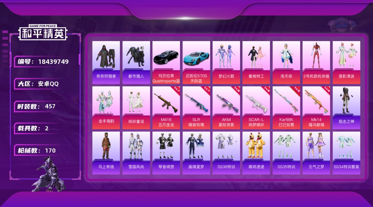 和平精英账号安卓QQ[18439749]7粉装 6特效枪 2载具 9印记 可二次 可修改实名 
【热门装扮】2号机款机体