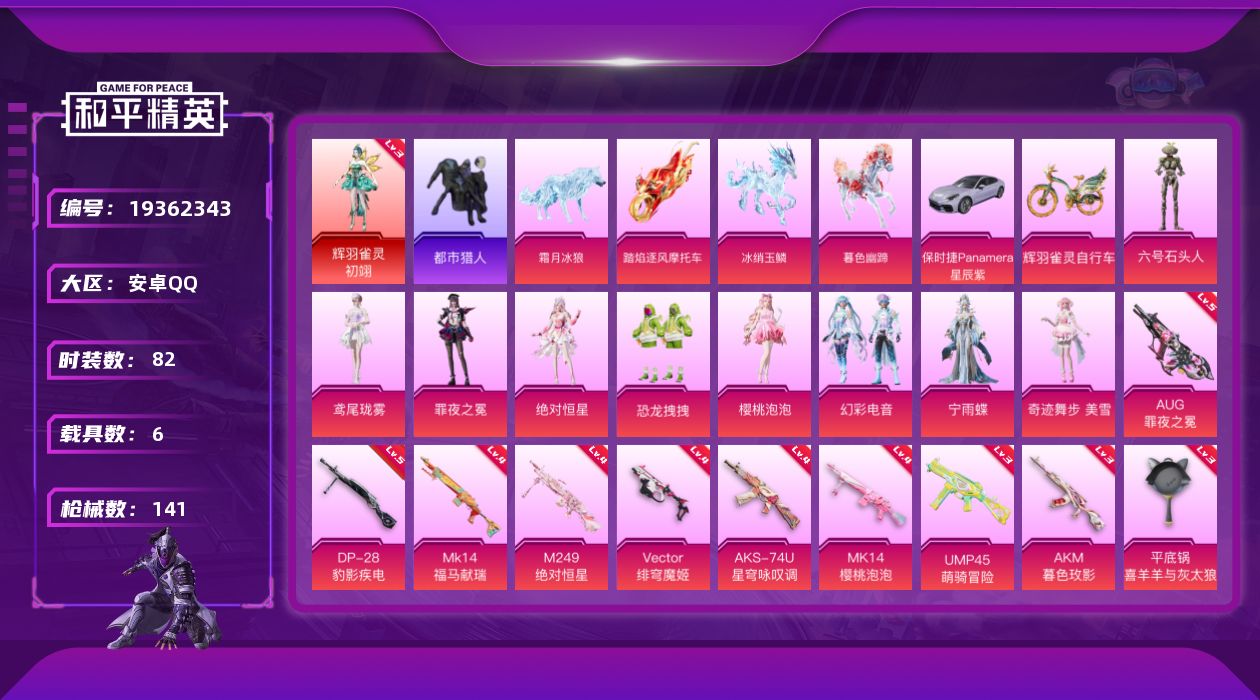和平精英账号安卓QQ[19362343]安卓 手Q-1神装-9粉装-13特效枪-6载具-9粉色飞行器-54705热力值-5王牌印记-82套装-141枪皮
【红色神装等级】：辉羽雀灵-初翊(三级)
【红色角色神装】：辉羽雀