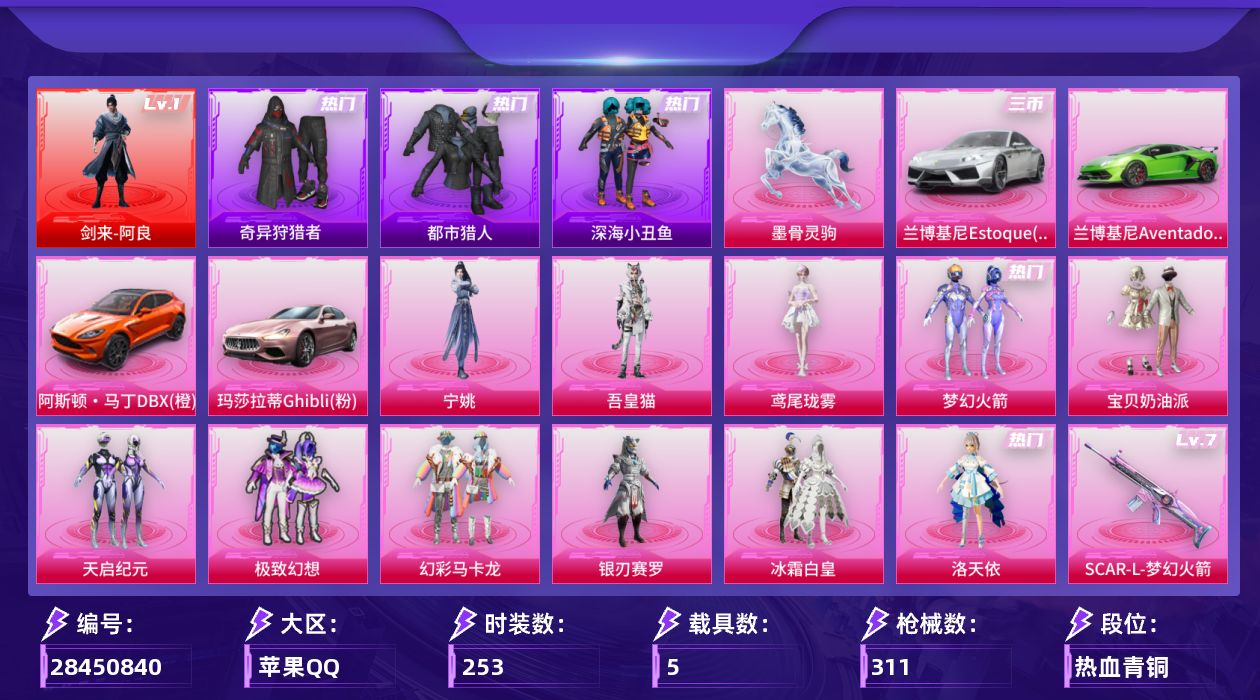 [28450840]苹果手Q-历史最高段位：无敌战神-1神装-12粉装-16特效枪-5载具-6粉色飞行器-117054热力值-19王牌印记-253套装-311枪皮
【红色神装等级】：剑来-阿良(一级)
【红色角色神装】：剑来-阿良
【热门品类】：粉装-梦幻火箭，套装-浪漫天命，套装-都市猎人，套装-深海小丑鱼，套装-奇异狩猎者，套装-金羽特工，套装-SS1特训，套装-暗影哥特，套装-浪漫波比，熔岩游骑兵连帽夹克
【粉色套装】：粉装-宝贝奶油派，粉装-梦幻火箭，粉装-天启纪元，粉装-极致幻想，粉装-幻彩马卡龙，粉装-银刃赛罗，粉装-冰霜白皇，角色-洛天依，角色-鸢尾珑雾，角色-吾皇猫，角色-宁姚
【粉色枪皮等级】：AKM-阿良(三级)，SCAR-L-梦幻火箭(七级)，SCAR-L-云端童话(五级)，M416-心之恋语(五级)，M416-剑灵(三级)，GROZA-幻音九尾(六级)，M762-甜蜜誓约(七级)，ARX-神木藏锋(五级)，Vector-流风之羽(五级)，汤姆逊-玉魄流云(五级)，AKS-74U-琉璃赤心(五级)，Kar98K-伏魔团(四级)，Mk14-陈平安(四级)，AA12-G-其乐融融(五级)，DP-28-鸢尾珑雾(五级)，97MG-夜鸢箴言(三级)
【粉色载具】：兰博基尼Aventador SVJ（翡翠绿），兰博基尼Estoque（尊享铂），阿斯顿马丁DBX（橙），玛莎拉蒂Ghibli（粉），僚机-萌兔起飞，墨骨灵驹
【粉色枪皮】：AKM-阿良，SCAR-L-梦幻火箭，SCAR-L-云端童话，M416-心之恋语，M416-剑灵，GROZA-幻音九尾，M762-甜蜜誓约，ARX-神木藏锋，Vector-流风之羽，汤姆逊-玉魄流云，AKS-74U-琉璃赤心，Kar98K-伏魔团，Mk14-陈平安，AA12-G-其乐融融，DP-28-鸢尾珑雾，97MG-夜鸢箴言
【粉色飞行器】：梦幻火箭飞行器，古堡领主飞行器，心之恋语飞行翼，幻光九尾飞行器，惊雷剑影飞行器，剑影随行飞行器
【粉色降落伞】：深海曼妙降落伞，破风疾驰降落伞，百万伏特降落伞，精灵迷巫降落伞，梦幻火箭降落伞，金风玉露降落伞，神秘黑猫降落伞，四圣焕新降落伞，马卡龙降落伞，荧光虫舞降落伞，香水柠檬降落伞，怪笑疯兔降落伞，暗夜玫瑰降落伞，旋转彩虹降落伞，鸢尾珑雾降落伞，夜鸢箴言降落伞，吾皇猫降落伞，幻音九尾降落伞，阿良降落