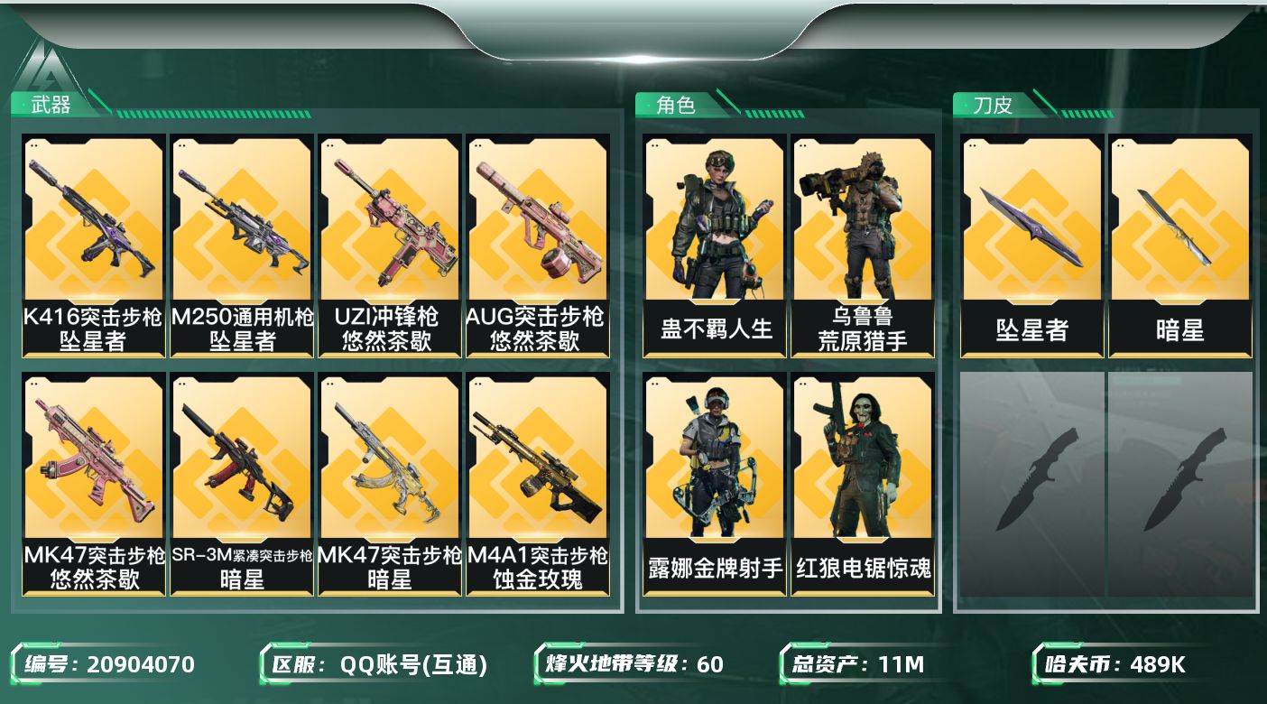 三角洲行动账号QQ【SJZDHC2854】DHC90227  2刀皮暗星坠星者/4金皮  11m总资产-489k哈夫币