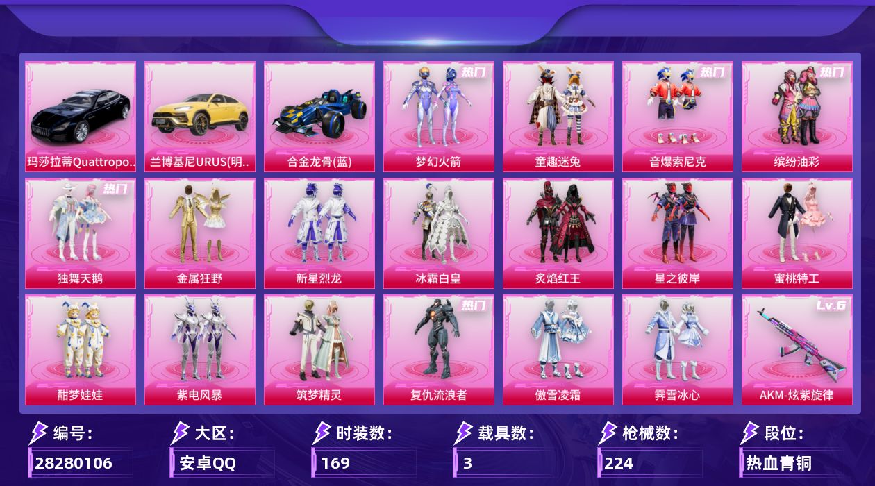 [28280106]安卓手Q-历史最高段位：超级王牌8星-17粉装-12特效枪-3载具-3粉色飞行器-85269热力值-7王牌印记-169套装-224枪皮
【热门品类】：粉装-梦幻火箭，粉装-童趣迷兔，粉装-音爆索尼克，粉装-缤纷油彩，套装-SS1特训，套装-龟仙人，套装-潮萌小黄鸭，套装-暗影哥特
【粉色套装】：粉装-独舞天鹅，粉装-梦幻火箭，粉装-金属狂野，粉装-缤纷油彩，粉装-新星烈龙，粉装-冰霜白皇，粉装-童趣迷兔，粉装-炙焰红王，粉装-星之彼岸，粉装-蜜桃特工，粉装-酣梦娃娃，粉装-紫电风暴，粉装-筑梦精灵，角色-复仇流浪者，粉装-傲雪凌霜，粉装-霁雪冰心，粉装-音爆索尼克
【粉色枪皮等级】：AKM-炫紫旋律(六级)，SCAR-L-童趣迷兔(六级)，SCAR-L-青春物语(一级)，M416-五爪金龙(五级)，M416-风花雪月(二级)，M762-甜蜜誓约(六级)，M762-激战未来(一级)，UZI-绮梦青鸾(五级)，UMP45-相思残雪(五级)，M249-绒雪飘舞(五级)，DP-28-枪炮玫瑰(五级)，DP-28-幻梦音符(一级)
【粉色载具】：兰博基尼URUS（明艳黄），玛莎拉蒂Quattroporte（夜幕蓝），合金龙骨（蓝）
【粉色枪皮】：AKM-炫紫旋律，SCAR-L-童趣迷兔，SCAR-L-青春物语，M416-五爪金龙，M416-风花雪月，M762-甜蜜誓约，M762-激战未来，UZI-绮梦青鸾，UMP45-相思残雪，M249-绒雪飘舞，DP-28-枪炮玫瑰，DP-28-幻梦音符
【粉色飞行器】：童趣迷兔飞行器，天之羽翼飞行器，千面幻镜飞行器
【粉色降落伞】：至尊龙雀降落伞，梦幻火箭降落伞，炫紫旋律降落伞，神秘黑猫降落伞，锦绣火鲤降落伞，童趣迷兔降落伞，香水柠檬降落伞，相思残雪降落伞，洛神天依降落伞，天之羽翼降落伞，焦糖拿铁降落伞，橘柚倾心降落伞，筑梦精灵降落伞，炙焰牛王降落伞，环太平洋降落伞，垂柳戏鸭降落伞，旋转彩虹降落伞，第五大道降落伞，天星战神降落伞
【稀有套装】：套装-龟仙人，套装-迅捷龙虾，套装-恋语绒绒
【稀有枪皮】：AKM-彩虹符号，AKM-春暖花开，AKM-玉龙，AKM-王牌投手，AKM-环太平洋，AKM-萌趣颜团子，AKM-虎虎生威，AKM-阿狸红，AKM-霓虹街区，AKM-龙的传人，M16A4-幻世战舞者，M16A4-甜心亚梦，M16A4-红色
