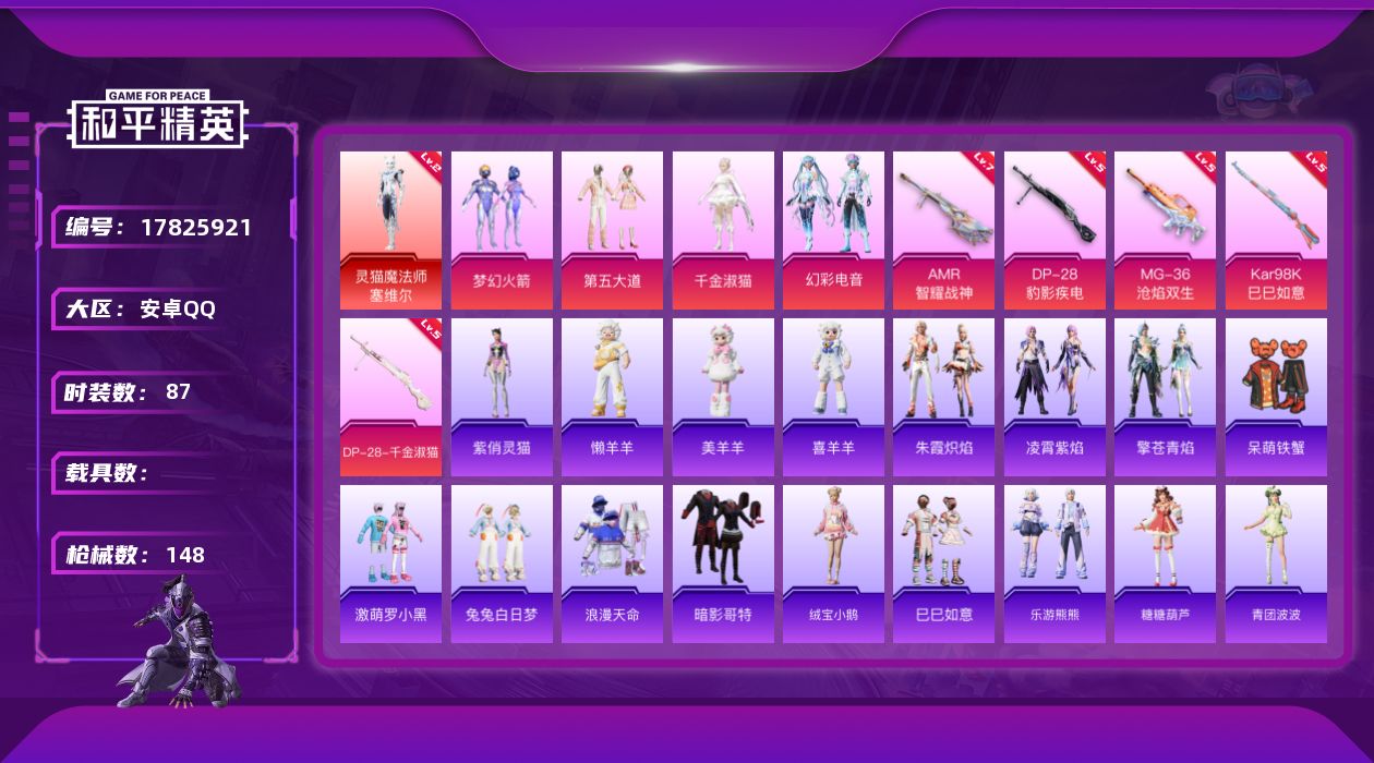和平精英账号安卓QQ[17825921]可二次【特价出售/店主推荐】安卓 手Q-1神装-4粉装-5特效枪-6粉色飞行器-41509热力值-4王牌印记-87套装-148枪皮【红色神装等级】：灵猫魔法师-塞维尔(二级)【热门