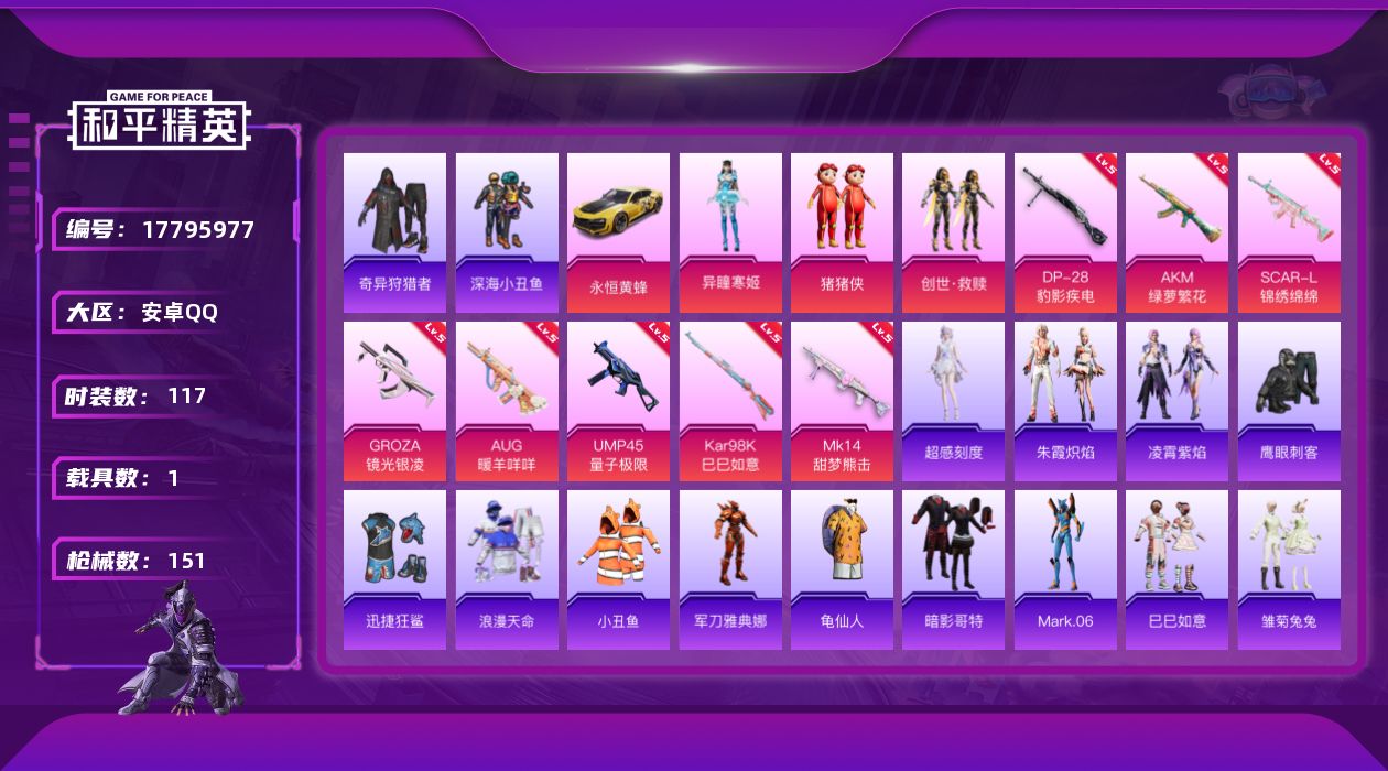 和平精英账号安卓QQ[17795977]实名: 可修改 时装数: 117 载具数: 1 枪械数: 151 战备数: 11