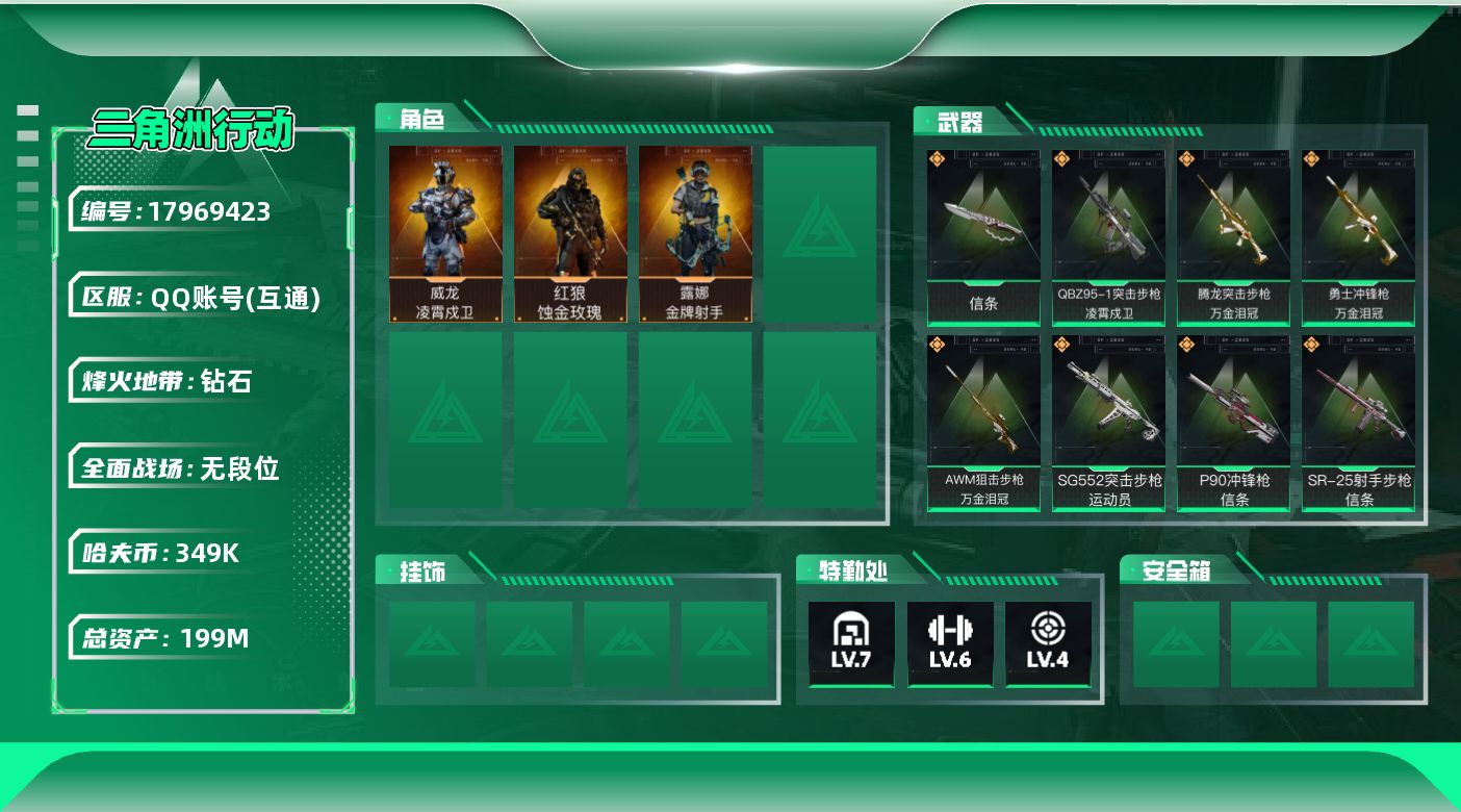 三角洲行动账号QQ【4907】199m总资产-349k哈夫币-60烽火等级-钻石-1战场等级-无军衔
【干员外观】：红