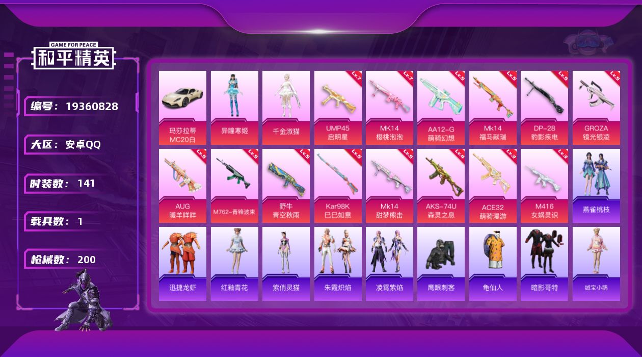 和平精英账号安卓QQ[19360828]安卓 手Q-2粉装-14特效枪-1载具-2粉色飞行器-57999热力值-12王牌印记-141套装-200枪皮
【热门品类】：套装-龟仙人，套装-暗影哥特
【粉色套装】：角色-千金淑