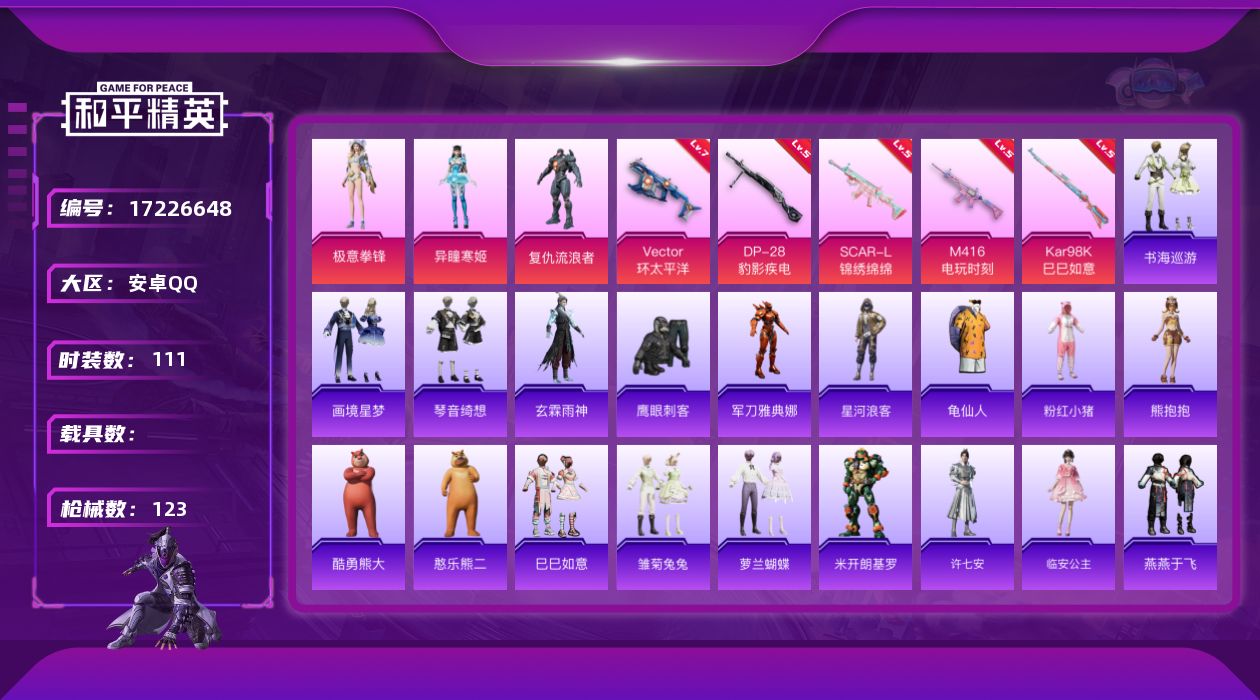 和平精英账号安卓QQ[17226648]安卓 手Q-3粉装-5特效枪-0载具-1粉色飞行器-38825热力值-13王牌印记-111套装-123枪皮
【热门品类】：角色-军刀雅典娜，套装-星河浪客，套装-龟仙人，套装-粉红