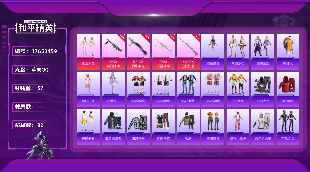 和平精英账号苹果QQ[17653459]【特价出售/店主推荐】苹果 手Q-1粉装-4特效枪-20925热力值-2王牌印记-57套装-82枪皮
【热门品类】：套装-龟仙人，套装-粉红小猪
【粉色套装】：粉装-第五大道
【粉