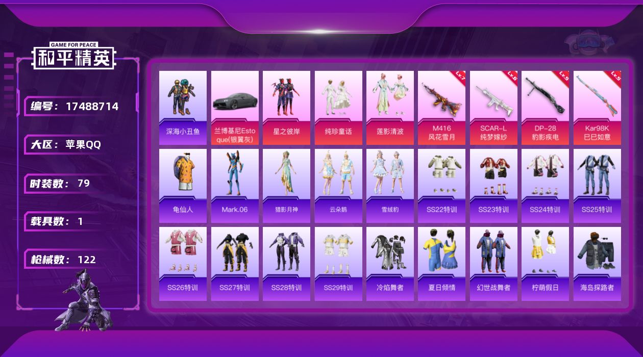和平精英账号苹果QQ[17488714]【特价出售/店主推荐】苹果 手Q-3粉装-6特效枪-1载具-2粉色飞行器-3.9w热力值-9王牌印记-79套装-122枪皮【热门品类】：套装-深海小丑鱼，套装-龟仙人，角色-Mar