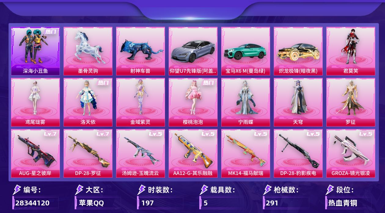 [28344120]苹果手Q-无敌战神框-8粉装-10特效枪-5载具-8粉色飞行器-91901热力值-25王牌印记-197套装-291枪皮
【热门品类】：套装-深海小丑鱼，套装-小丑鱼，套装-龟仙人，套装-潮萌小黄鸭，套装-粉红小猪
【粉色套装】：角色-洛天依，角色-金域紫灵，角色-樱桃泡泡，角色-宁雨蝶，角色-天穹，角色-罗征，角色-鸢尾珑雾，角色-君莫笑
【粉色枪皮等级】：AKM-暮色玫影(三级)，AKM-阿良(三级)，GROZA-镜光银凌(五级)，AUG-星之彼岸(七级)，汤姆逊-玉魄流云(五级)，Kar98K-巳巳如意(五级)，Mk14-福马献瑞(五级)，AA12-G-其乐融融(五级)，DP-28-罗征(七级)，DP-28-豹影疾电(五级)
【粉色载具】：仰望U7（阿盖尔紫），宝马X6 M（曼岛绿），炽龙极锋（暗夜黑），射神车兽，墨骨灵驹
【粉色枪皮】：AKM-暮色玫影，AKM-阿良，GROZA-镜光银凌，AUG-星之彼岸，汤姆逊-玉魄流云，Kar98K-巳巳如意，Mk14-福马献瑞，AA12-G-其乐融融，DP-28-罗征，DP-28-豹影疾电
【粉色飞行器】：炫彩糖果飞行器，齐天大圣飞行器，沙丘之主天马，繁龙极客飞行器，幻海精灵飞行器，暮色之舞飞行器，星罗盘飞行器，惊雷剑影飞行器
【粉色降落伞】：神秘黑猫降落伞，星之彼岸降落伞，百合蜜语降落伞，萌物绒绒降落伞，镜光幻境降落伞，圣堂之誓降落伞，千金淑猫降落伞，冷漠罗丽降落伞，绯月迷踪降落伞，无垠阁降落伞，炫彩糖果降落伞，暮色玫影降落伞，鸢尾珑雾降落伞，仙逆降落伞，夜鸢箴言降落伞，君莫笑降落伞，阿良降落伞，陈平安降落伞
【稀有套装】：套装-龟仙人，套装-绒宝小鹅，套装-雪国风尚，套装-炫彩糖果，套装-马上有钱，套装-迅捷龙虾，角色-柔柔联名款，角色-梨子酱联名款，角色-碧琪联名款，角色-珍奇联名款，角色-雾鬃联名款，套装-云宝联名款，套装-其乐融融，套装-彩旗巡礼，套装-苹果嘉儿联名款，套装-恋语绒绒，套装-绝刃双刀，套装-荒原烈焰，套装-云水剑心，套装-雏菊兔兔，套装-萝兰蝴蝶，套装-小熊娃娃，套装-糖糖葫芦，套装-青团波波，角色-摩登魅猫，套装-燕燕于飞，套装-鱼渊荷华，套装-旋风灵鼠，套装-紫幽梦，套装-蓝冰羽，套装-云朵鹅，套装-雪绒豹，角色-灵公主，角色-夜瞳黯灵，套装-朱霞炽焰，套装-凌霄紫焰，套装-擎苍青焰，套装