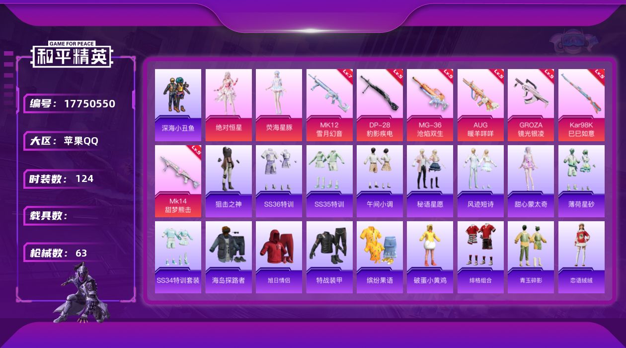 和平精英账号苹果QQ[17750550]2粉装 7特效枪 3印记 可二次 可修改实名 
【热门装扮】绝对恒星,荧海星豚,