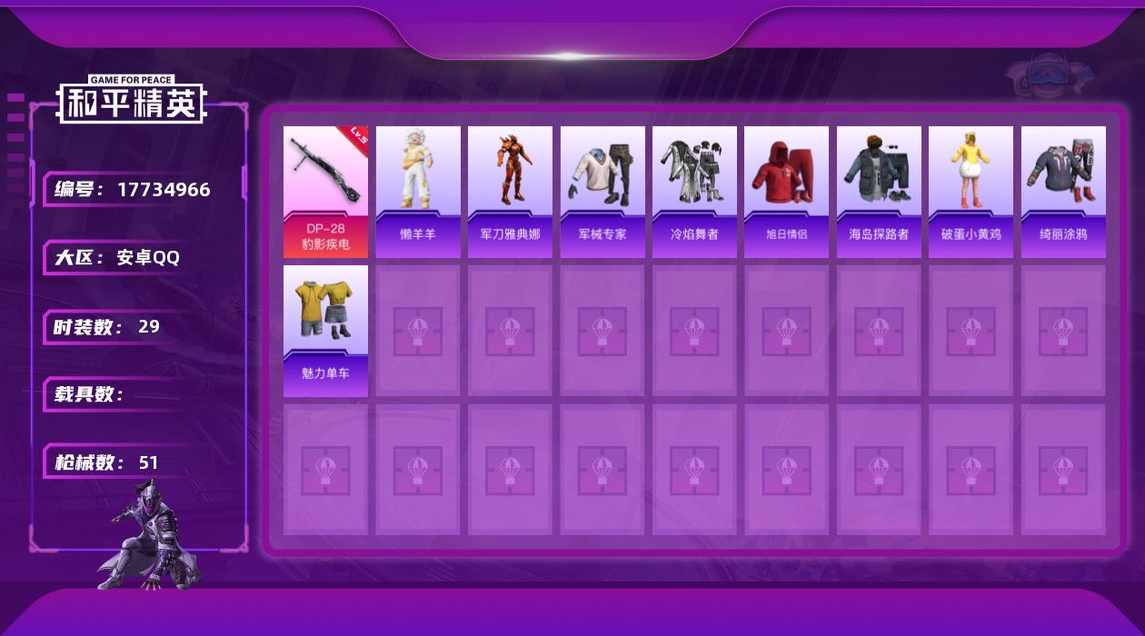 和平精英账号安卓QQ[17734966]【特价出售/店主推荐】安卓 手Q-1粉装-3特效枪-3粉色飞行器-13196热力值-1王牌印记-29套装-51枪皮【热门品类】：角色-军刀雅典娜【粉色套装】：人物-小舞·恋语【粉色