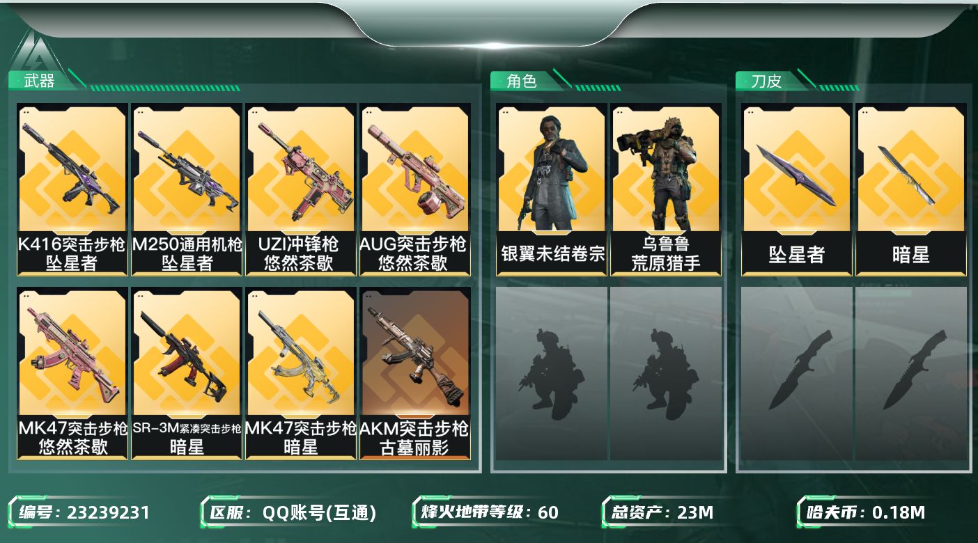 三角洲行动账号QQ【SJZEHC1692】EHC50225
2刀皮/暗星/坠星者/2金皮/
23m总资产-184k哈夫