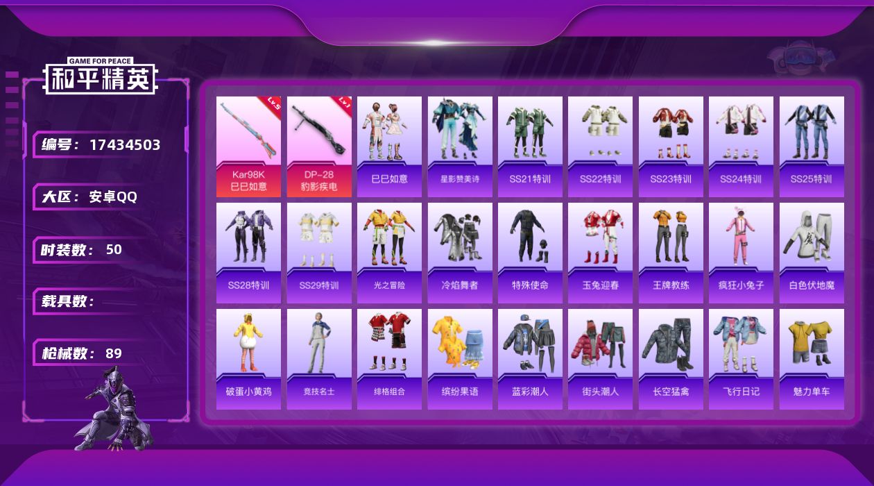 和平精英账号安卓QQ[17434503]安卓 手Q-0粉装-3特效枪-0载具-1粉色飞行器-21780热力值-4王牌印记-50套装-89枪皮
【粉色枪皮等级】：Kar98K-巳巳如意(五级)，Mk14-福马献瑞(五级)，