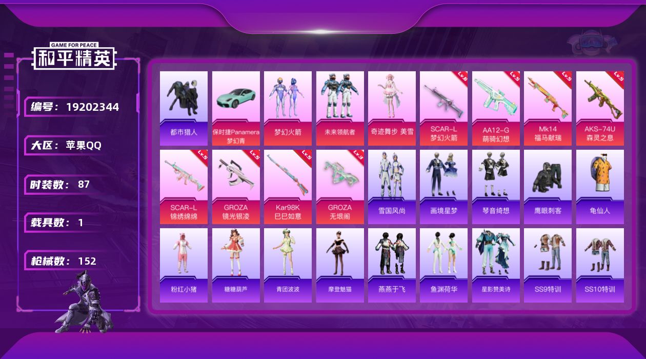 和平精英账号苹果QQ[19202344]87套装/枪械8/装备185/载具1/战备99/王牌印记6/热力值45359/六级SCAR-L-梦幻火箭/五级SCAR-L-锦绣绵绵/五级GROZA-镜光银凌/三级GROZA-无垠
