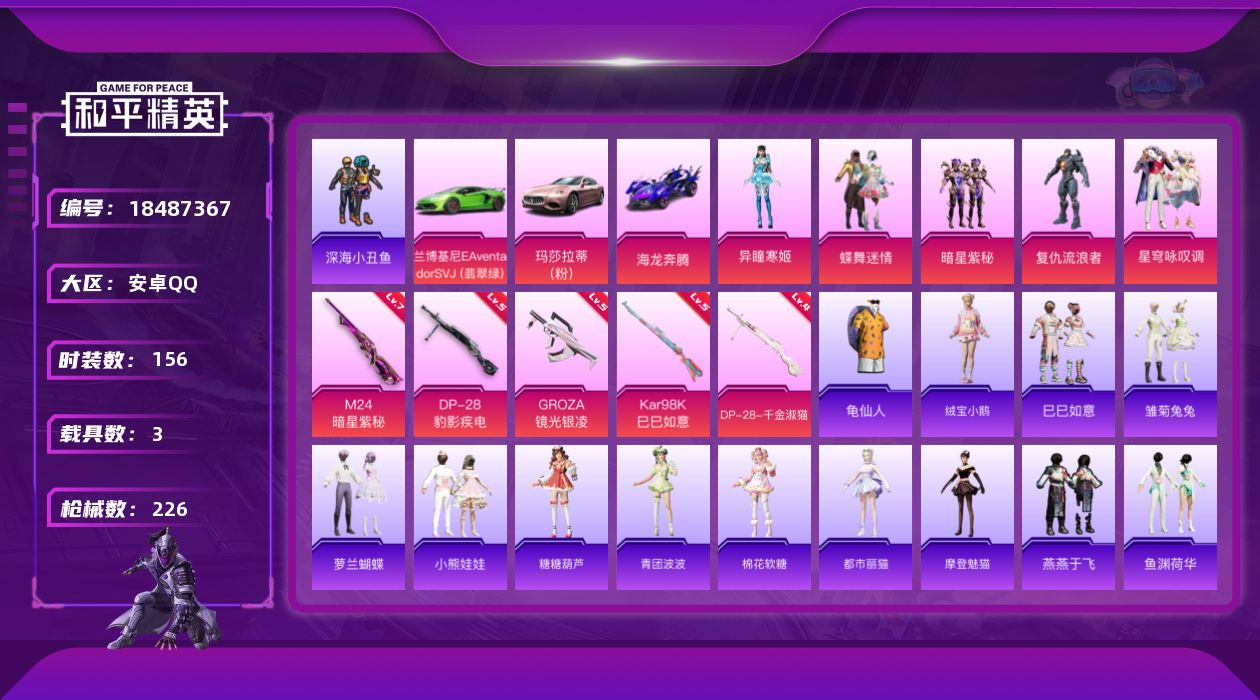 和平精英账号安卓QQ[18487367]安卓 手Q-5粉装-5特效枪-3载具-4粉色飞行器-66652热力值-4王牌印记-156套装-226枪皮
【热门品类】：套装-深海小丑鱼，套装-龟仙人
【粉色套装】：粉装-蝶舞迷情