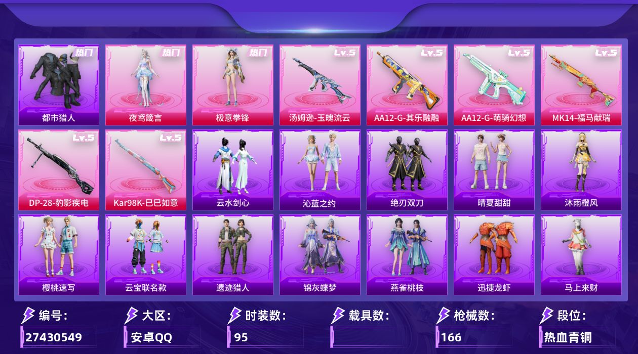 和平精英账号安卓QQ[27430549]地铁满天赋 可二次【特价出售/店主推荐】安卓手Q-历史最高段位：荣耀皇冠Ⅳ-2粉装-6特效枪-2粉色飞行器-40745热力值-95套装-166枪皮【热门品类】：套装-都市猎人【粉色