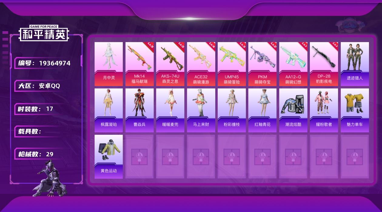 和平精英账号安卓QQ[19364974]安卓手Q-1粉装-7特效枪-8214热力值-1王牌印记-17套装-29枪皮
【粉色套装】：角色-月中灵
【粉色枪皮等级】：ACE32-萌骑漫游(四级)，UMP45-萌骑冒险(三级)
