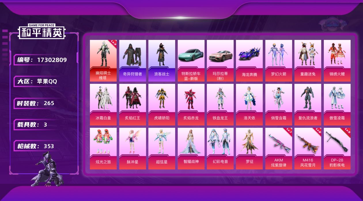 和平精英账号苹果QQ[17302809]【特价出售/店主推荐】苹果 手Q-1神装-18粉装-9特效枪-3载具-1僚机-7粉色飞行器-122961热力值-6王牌印记-265套装-353枪皮
【红色神装等级】：幽焰骑士-维塔