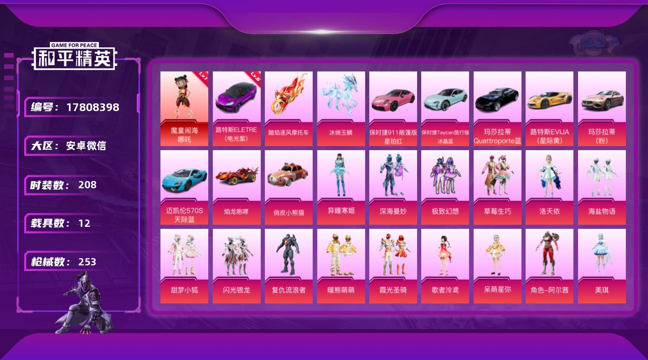 和平精英账号安卓微信[17808398]【店主推荐捡漏号！可直接换绑】安卓 微信-2神装-17粉装-12特效枪-12载具-10粉色飞行器-109210热力值-14王牌印记-208套装-253枪皮【红色载具】：路特斯ELE