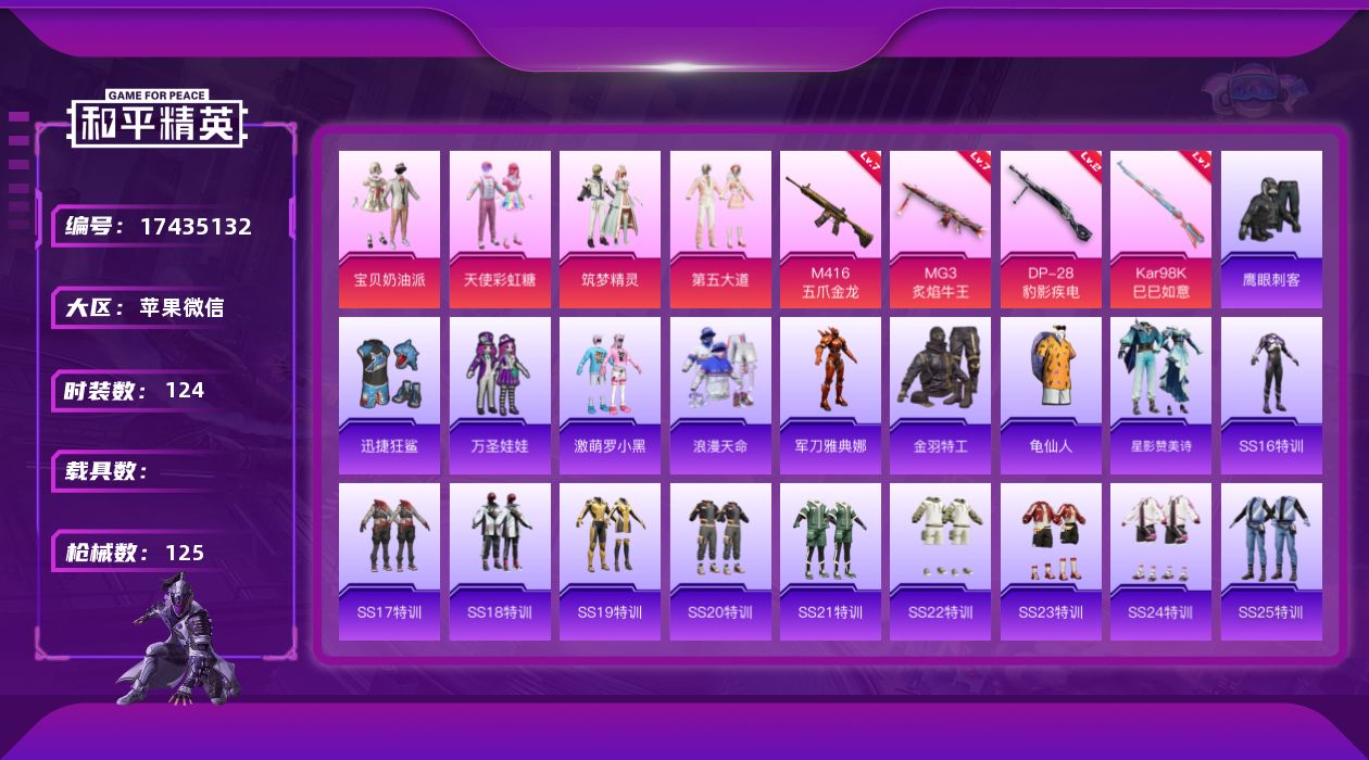 和平精英账号苹果微信[17435132]苹果 微信-4粉装-4特效枪-0载具-0粉色飞行器-42755热力值-14王牌印记-124套装-125枪皮
【热门品类】：套装-浪漫天命，角色-军刀雅典娜，套装-金羽特工，套装-龟