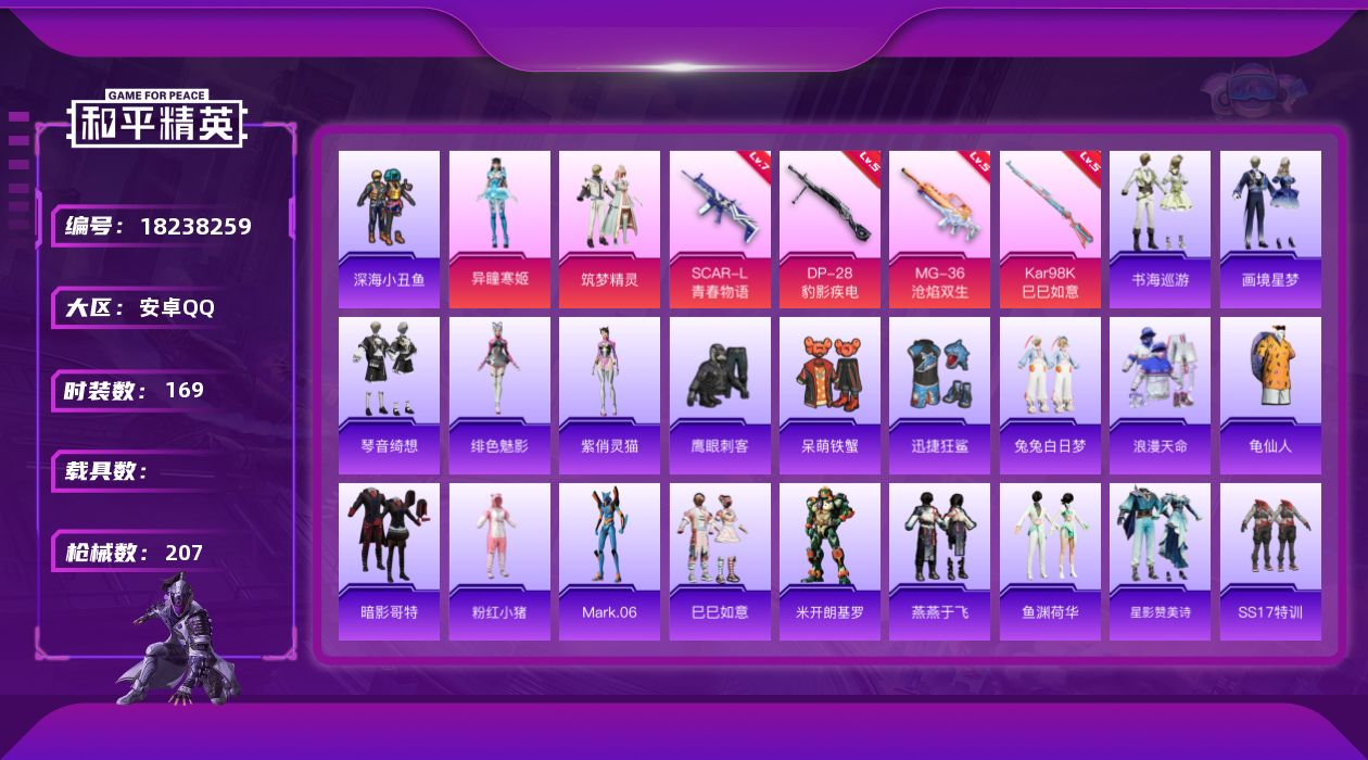 和平精英账号安卓QQ[18238259]安卓 手Q-2粉装-7特效枪-0载具-4粉色飞行器-62411热力值-5王牌印记-169套装-207枪皮
【热门品类】：套装-浪漫天命，套装-深海小丑鱼，套装-龟仙人，套装-暗影哥