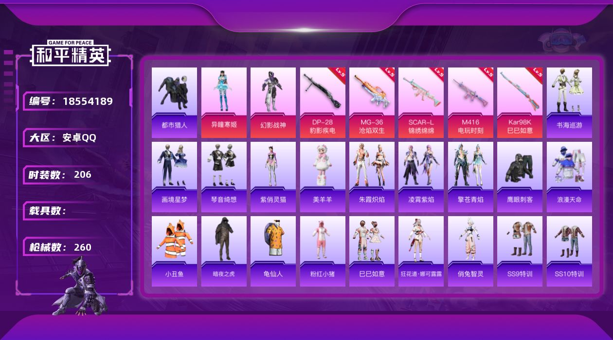 和平精英账号安卓QQ[18554189]安卓 手Q-2粉装-8特效枪-0载具-2粉色飞行器-76218热力值-15王牌印记-206套装-260枪皮
【热门品类】：套装-浪漫天命，套装-都市猎人，套装-小丑鱼，套装-暗夜之