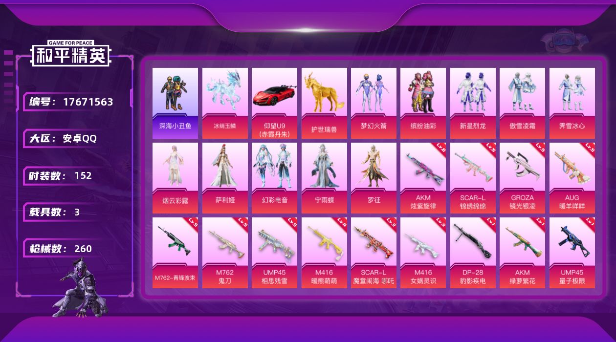 和平精英账号安卓QQ[17671563]安卓 手Q-10粉装-14特效枪-3载具-8粉色飞行器-78266热力值-11王牌印记-152套装-260枪皮
【热门品类】：粉装-梦幻火箭，粉装-缤纷油彩，套装-深海小丑鱼，套装