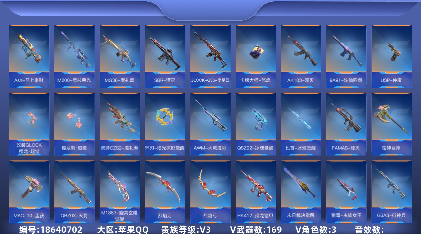 枪战王者账号苹果QQ[]V3 9王者武器 169英雄武器 3英雄角色 可二次 可修改实名 
【v武器】沙鹰-修罗-现代金属,9A91-天神,AWM-指南针,QBB95-再战涿鹿,M4A1-铁胆虎魄,AK47-塔罗牌觉醒,