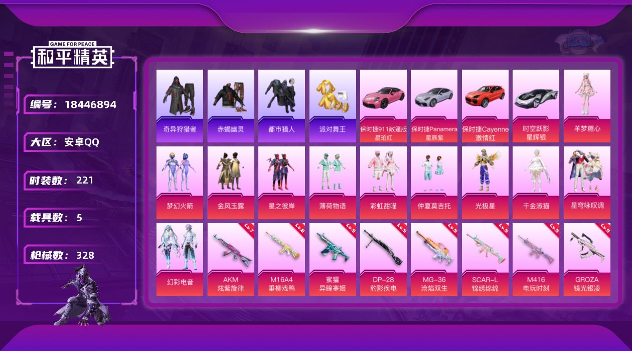 和平精英账号安卓QQ[18446894]安卓 手Q-12粉装-15特效枪-5载具-11粉色飞行器-114197热力值-14王牌印记-221套装-328枪皮
【热门品类】：粉装-梦幻火箭，套装-浪漫天命，套装-赤蝎幽灵，套