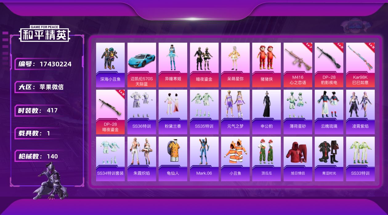 和平精英账号苹果微信1载具-112套装-140枪皮-10王牌印记-4粉装-4特效枪-1载具-45829热力值-112套装