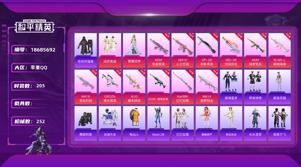 和平精英账号苹果QQ[18685692]苹果 手Q-2粉装-13特效枪-0载具-1粉色飞行器-75783热力值-22王牌印记-205套装-252枪皮
【热门品类】：套装-浪漫天命，套装-奇异狩猎者，套装-龟仙人，角色-M