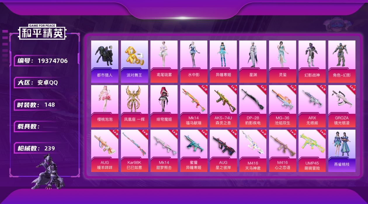 和平精英账号安卓QQ[19374706]安卓 手Q-10粉装-14特效枪-0载具-5粉色飞行器-69286热力值-8王牌印记-148套装-239枪皮
【热门品类】：套装-浪漫天命，套装-都市猎人，套装-派对舞王，套装-小