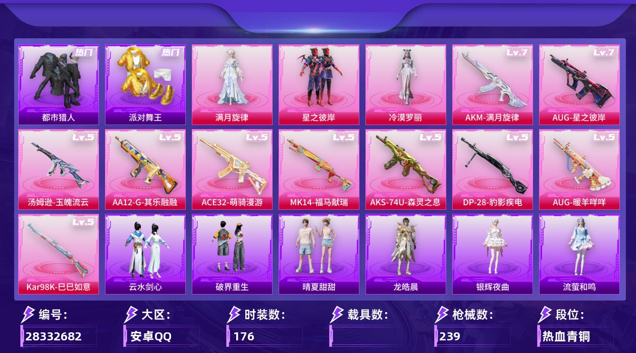 [28332682]安卓手Q-历史最高段位：卓越王牌20星-3粉装-10特效枪-2粉色飞行器-66084热力值-18王牌印记-176套装-239枪皮
【热门品类】：套装-都市猎人，套装-派对舞王，套装-龟仙人
【粉色套装】：角色-满月旋律，粉装-星之彼岸，角色-冷漠罗丽
【粉色枪皮等级】：AUG-星之彼岸(七级)，AUG-暖羊咩咩(五级)，AUG-全息游灵(七级AKM-满月旋律)，ACE32-萌骑漫游(五级)，汤姆逊-玉魄流云(五级)，AKS-74U-森灵之息(五级)，Kar98K-巳巳如意(五级)，Mk14-福马献瑞(五级)，AA12-G-其乐融融(五级)，DP-28-豹影疾电(五级)
【粉色枪皮】：AKM-满月旋律，AUG-星之彼岸，AUG-暖羊咩咩，ACE32-萌骑漫游，汤姆逊-玉魄流云，AKS-74U-森灵之息，Kar98K-巳巳如意，Mk14-福马献瑞，AA12-G-其乐融融，DP-28-豹影疾电
【粉色飞行器】：炫彩糖果飞行器，满月旋律飞行器
【粉色降落伞】：满月旋律降落伞，破风疾驰降落伞，星之彼岸降落伞，炫光之旅降落伞，精灵梦叶罗丽降落伞，临安公主降落伞，炫彩糖果降落伞，夜鸢箴言降落伞
【稀有套装】：套装-龟仙人，套装-巳巳如意，套装-雪国风尚，套装-炫彩糖果，套装-马上有钱，套装-迅捷龙虾，套装-遗迹猎人，套装-云宝联名款，套装-其乐融融，套装-恋语绒绒，套装-银辉夜曲，套装-流萤和鸣，套装-晴夏甜甜，套装-荒原烈焰，套装-云水剑心，套装-破界重生，套装-香桃花海，套装-疾风竞速，套装-燕燕于飞，套装-鱼渊荷华，套装-彩虹兔，套装-云朵鹅，套装-雪绒豹，角色-灵公主，套装-朱霞炽焰，套装-凌霄紫焰，套装-擎苍青焰，套装-雨过天青，套装-红釉青花，套装-锦灰蝶梦，套装-燕雀桃枝，套装-玉兰双鹊，角色-莹鸢雪晶，角色-龙皓晨
【稀有枪皮】：AKM-彩虹符号，AKM-影袭，AKM-星之彼岸，AKM-破晓战魂，AKM-霓虹街区，AKM-龙的传人，M16A4-幻世战舞者，M16A4-红色方程式，M16A4-蓝色火焰，SCAR-L-夜灯，SCAR-L-炫彩节奏，SCAR-L-玉兔迎春，SCAR-L-红色方程式，SCAR-L-黄金龙骨，M416-糯团青竹，M416-红色方程式，M416-蓝色火焰，GROZA-彩虹符号，GROZA-影袭，GROZA-田园牧歌，AUG-天降萌叽，AUG