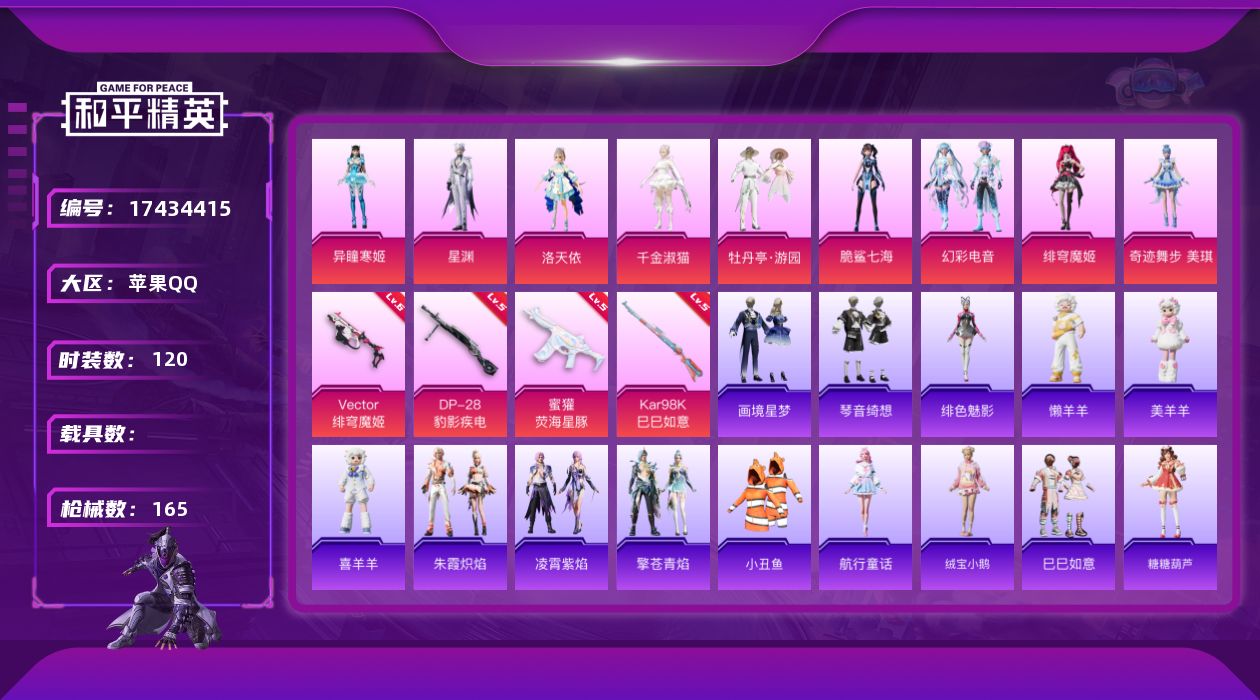 和平精英账号苹果QQ[17434415]苹果 手Q-9粉装-7特效枪-0载具-3粉色飞行器-50740热力值-7王牌印记-120套装-165枪皮
【热门品类】：套装-小丑鱼
【粉色套装】：角色-洛天依，角色-千金淑猫，粉