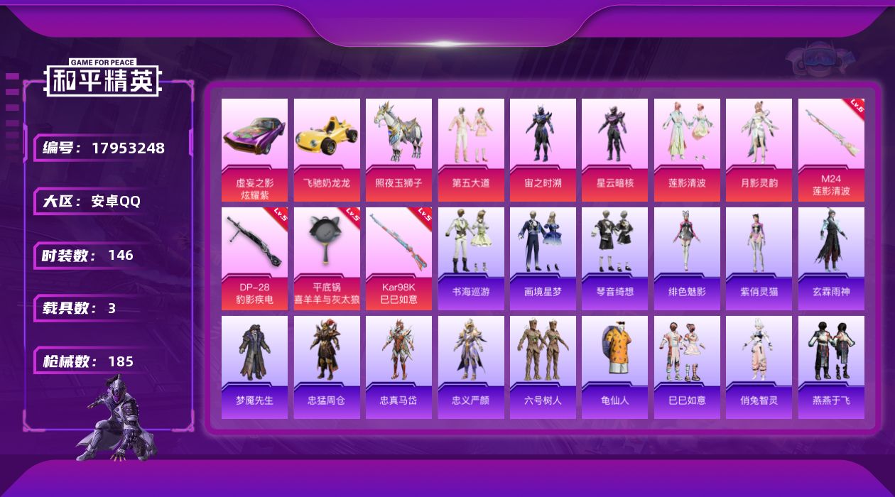 和平精英账号安卓QQ[17953248]安卓 手Q-5粉装-4特效枪-3载具-2粉色飞行器-54516热力值-3王牌印记-146套装-185枪皮
【热门品类】：角色-忠猛周仓，角色-忠真马岱，角色-忠义严颜，套装-六号树
