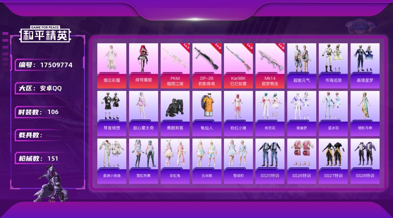 和平精英账号安卓QQ[17509774]安卓 手Q-2粉装-6特效枪-0载具-1粉色飞行器-40621热力值-5王牌印记-106套装-151枪皮
【热门品类】：套装-龟仙人，套装-粉红小猪
【粉色套装】：角色-烟云彩露，