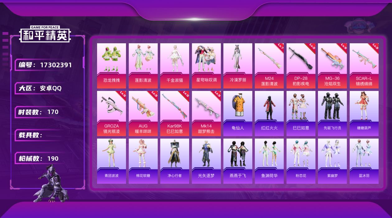 和平精英账号安卓QQ[17302391]【店主推荐捡漏号！可直接换绑】安卓 手Q-5粉装-8特效枪-0载具-2粉色飞行器-64831热力值-12王牌印记-170套装-190枪皮【热门品类】：套装-龟仙人，套装-红红火火【