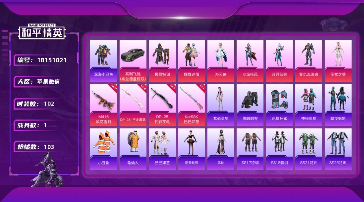 和平精英账号苹果微信[18151021]【特价出售/店主推荐】苹果 微信-7粉装-4特效枪-1载具-0粉色飞行器-34970热力值-1王牌印记-102套装-103枪皮
【热门品类】：套装-深海小丑鱼，套装-小丑鱼，套装-