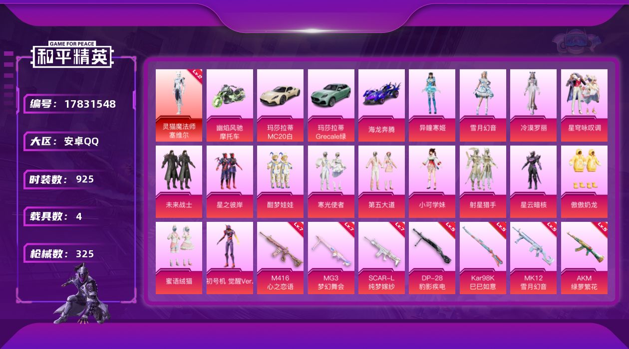 和平精英账号安卓QQ4载具-246套装-325枪皮-1红装1稀有4载具15粉装10特效枪21热门246套装325枪皮 热