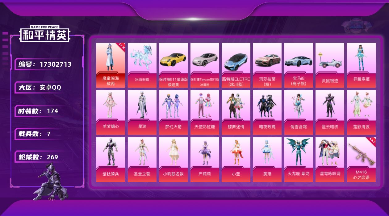 和平精英账号安卓QQ[17302713]【店主推荐捡漏号！可直接换绑】安卓 手Q-1神装-18粉装-14特效枪-7载具-7粉色飞行器-103857热力值-11王牌印记-174套装-269枪皮【红色神装等级】：魔童闹海-敖