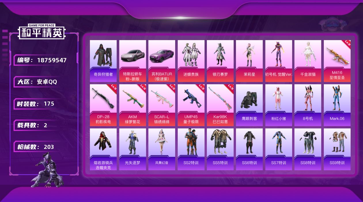 和平精英账号安卓QQ[18759547]175套装/枪械6/装备211/载具2/战备134/王牌印记8/热力值64607/五级AKM-绿萝繁花/五级SCAR-L-锦绣绵绵/九级M416-至情至圣/五级UMP45-量子极限