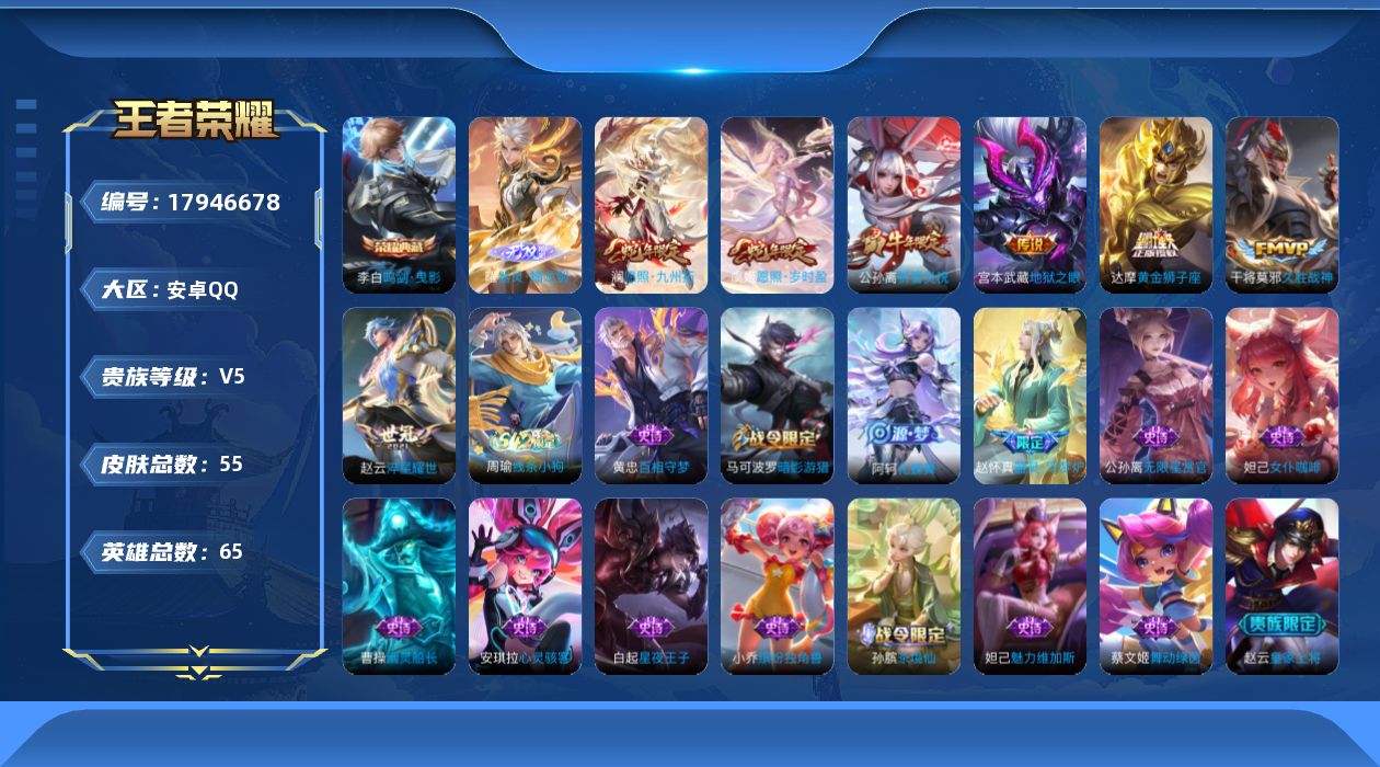 王者荣耀账号安卓QQ65英雄-55皮肤--V5-1典藏1无双7传说 【典藏】 鸣剑曳影 【无双】 器灵螭龙剑 【传说】 