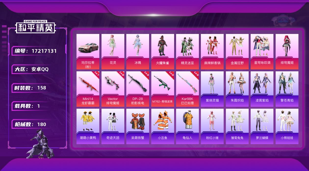 和平精英账号安卓QQ安卓 手Q-8粉装-5特效枪-1载具-2粉色飞行器-59804热力值-5王牌印记-158套装-180枪皮
【热门品类】：套装-小丑鱼，套装-龟仙人，套装-潮萌小黄鸭，套装-粉红小猪