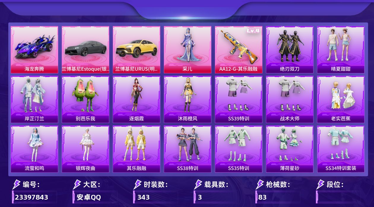 和平精英账号安卓QQ[23397843]【精品号手慢无】热力值29521，热门装扮：采儿，载具：海龙奔腾,兰博基尼Estoque(银翼灰),兰博基尼URUS(明艳黄)，稀有枪皮：AA12-G-其乐融融
