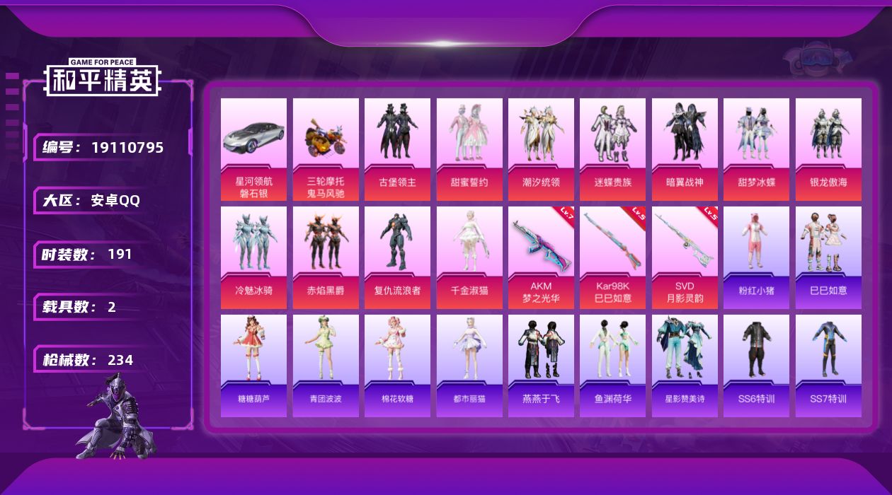 和平精英账号安卓QQ[19110795]191套装/枪械3/装备294/载具2/战备151/王牌印记7/热力值78799/七级AKM-梦之光华/五级Kar98K-巳巳如意/五级SVD-月影灵韵/粉红小猪/古堡领主/甜蜜誓