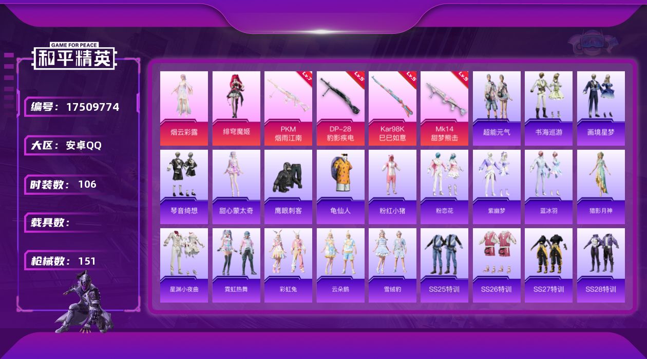 和平精英账号安卓QQ[17509774]安卓 手Q-2粉装-6特效枪-0载具-1粉色飞行器-40621热力值-5王牌印记-106套装-151枪皮
【热门品类】：套装-龟仙人，套装-粉红小猪
【粉色套装】：角色-烟云彩露，