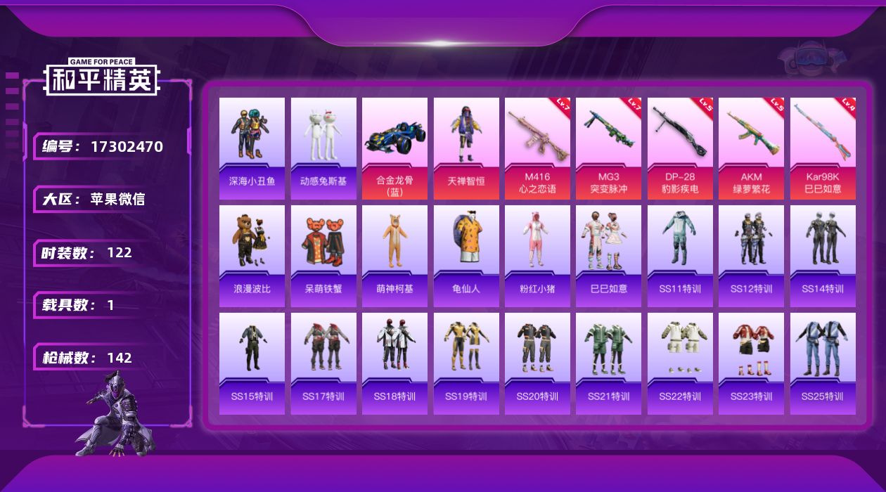 和平精英账号苹果微信[17302470]【特价出售/店主推荐】苹果 微信-1粉装-5特效枪-1载具-2粉色飞行器-43201热力值-11王牌印记-122套装-142枪皮
【热门品类】：套装-深海小丑鱼，套装-动感兔斯基人